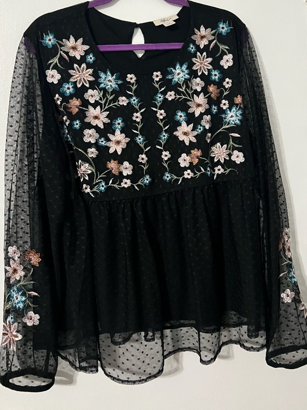 Style & Co. Black Embroidered Swiss Dot Blouse